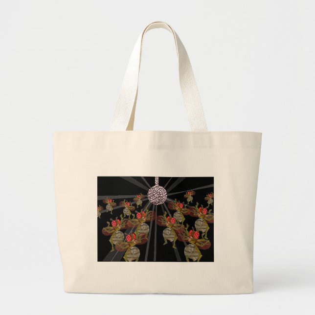 Bolsa Tote Grande Moscas de fruta que dançam sob a bola do disco (Frente)