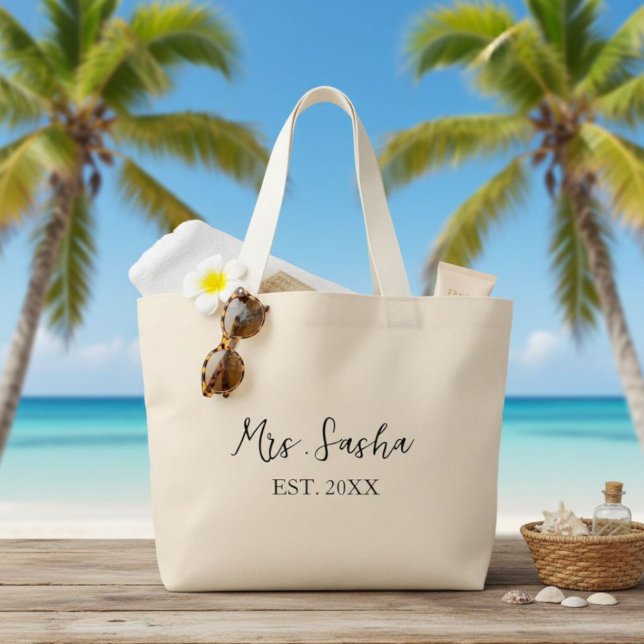 Bolsa Tote Grande Mrs. Last Name Est Year - mrs. calligraphy script (Criador carregado)