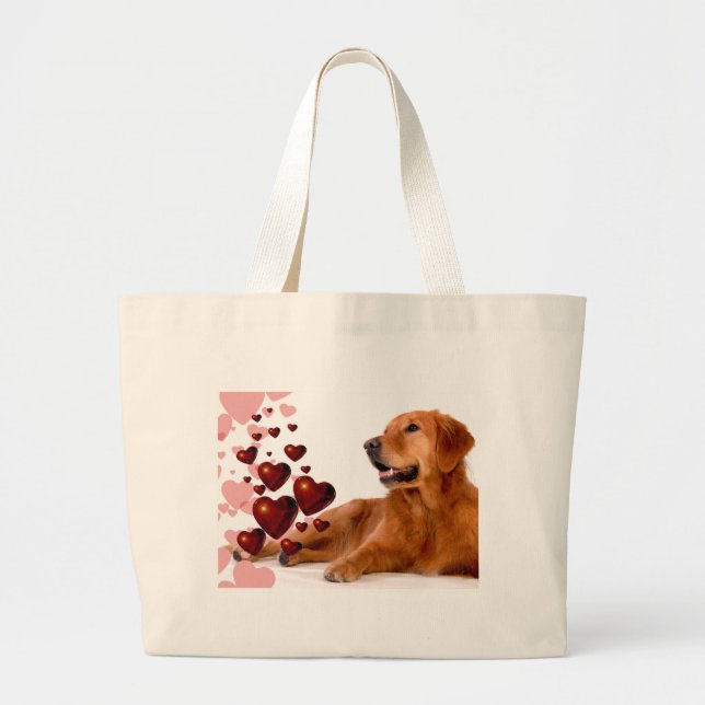 Bolsa Tote Grande Namorados Red Hearts Ouro Retriever Dog (Frente)