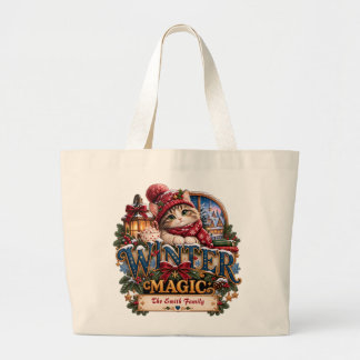 Bolsa Tote Grande Natal Mágico Personalizado do Gato Aconchegante de