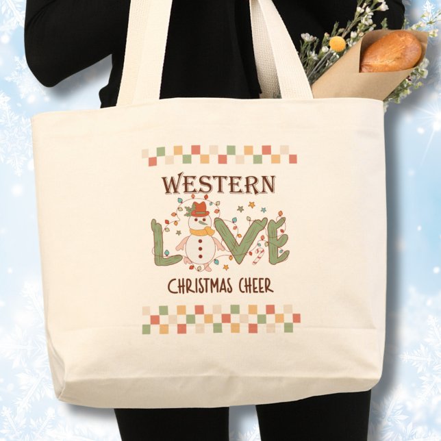 Bolsa Tote Grande Natal Ocidental retrô (Western Love Christmas Cheer, Christmas tote bag large)