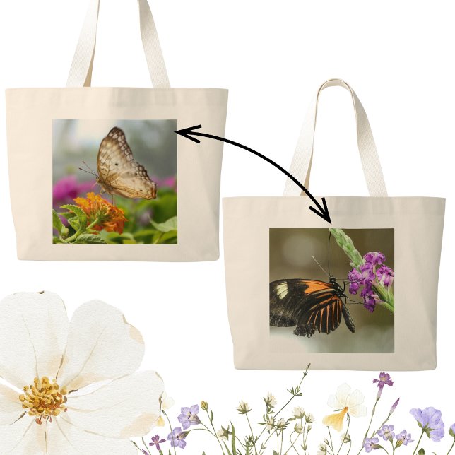 Bolsa Tote Grande Natureza Fotografia Borboleta na Flor (Butterflies and wildflowers double-sided tote bags for spring and summer are pretty and practical.)