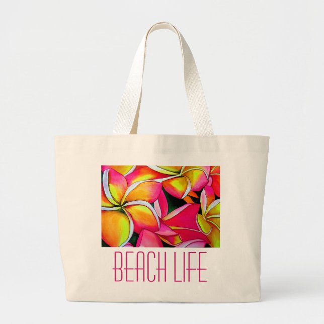 Bolsa Tote Grande Néon rosa Frangipani Plumeria Arte de praia (Frente)