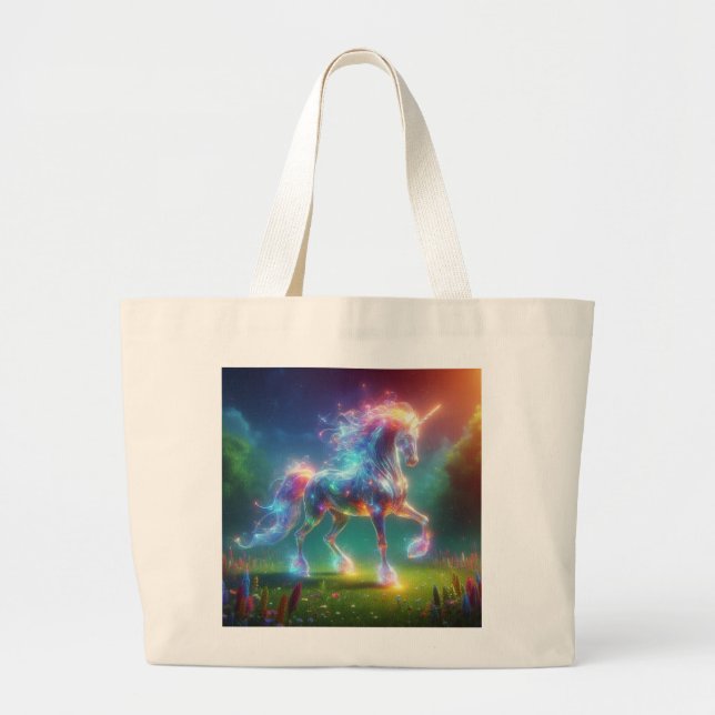 Bolsa Tote Grande Neon Unicorn Art – Glowing Fantasy Horse Rainbow (Frente)
