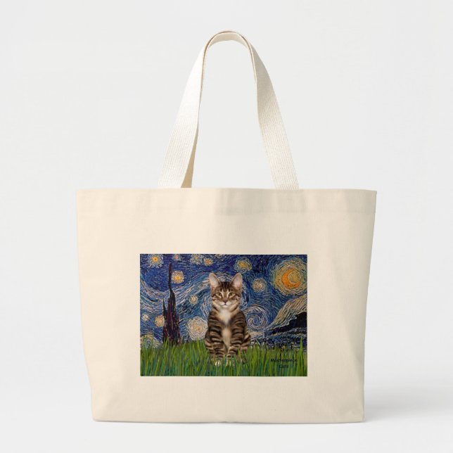 Bolsa Tote Grande Noite Estrelada - Gato Tigre Tabby 30 (Frente)