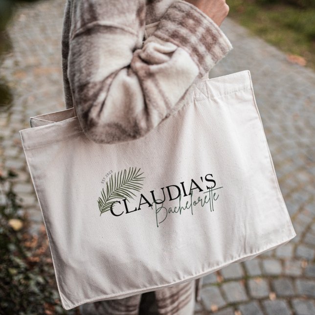 Bolsa Tote Grande Noiva de Palma de Miami Chic Personalizado Despedi (Custom Bride Name - Miami Palm Design, Bachelorette party Large Tote Bag)