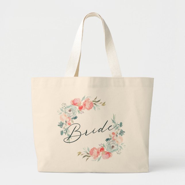 Bolsa Tote Grande Noiva Floral e Caligrafia do Jardim Francês (Frente)