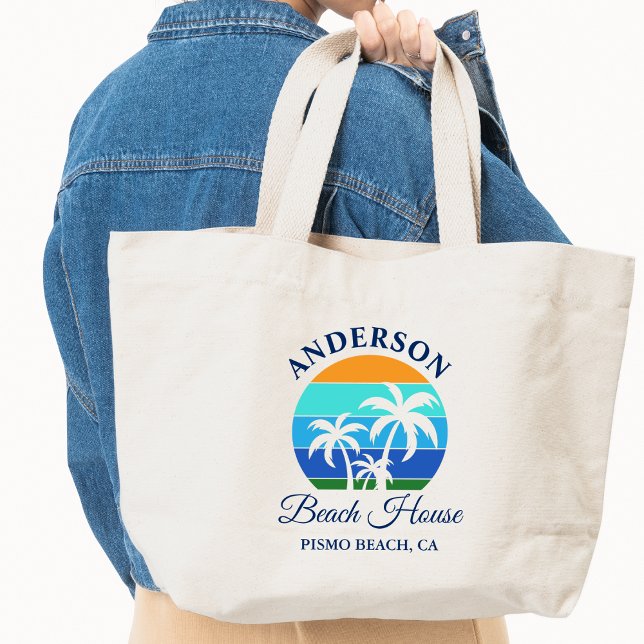 Bolsa Tote Grande Nome da família Beach House Sun Palm Trees (Choose from several styles and sizes.)