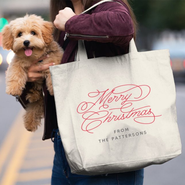 Bolsa Tote Grande Nome da Família de Caligrafia Elegante Feliz Natal (Criador carregado)
