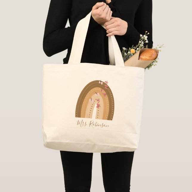 Bolsa Tote Grande Nome do Professor Script Borboletas Arco-íris (Frente (produto))