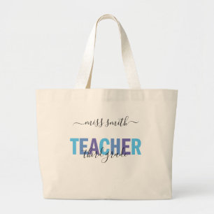 Bolsa Tote Grande Nome do script do professor Foto de classe azul e