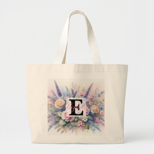 Bolsa Tote Grande Nome monograma em aquarela Flores em pastos (Frente)