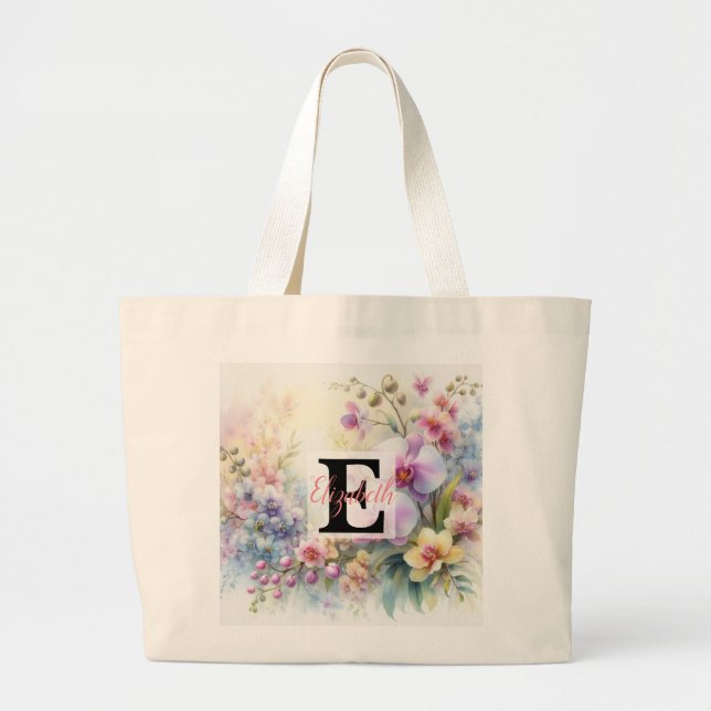 Bolsa Tote Grande Nome monograma em aquarela Flores em pastos (Frente)