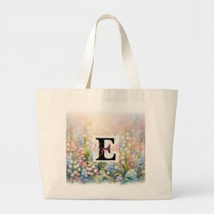 Bolsa Tote Grande Nome monograma em aquarela Flores em pastos