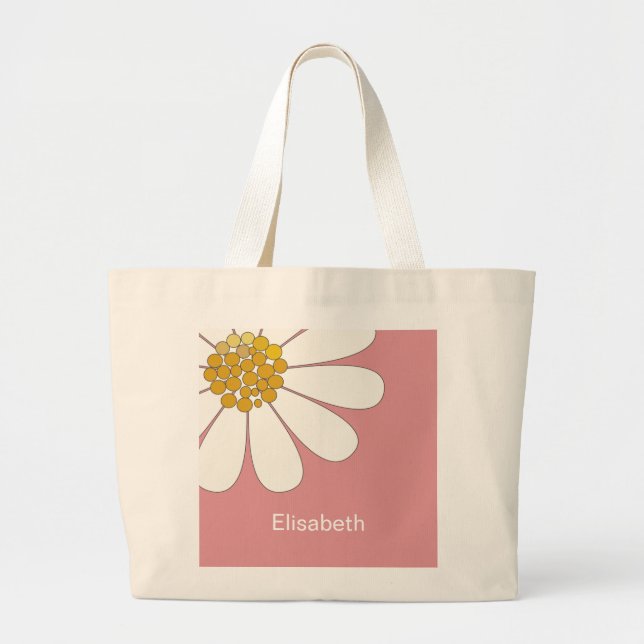 Bolsa Tote Grande Nome Personalizado da Flor de Daisagem Branca (Frente)