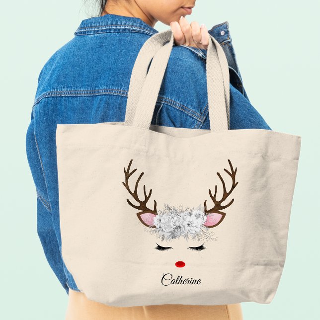 Bolsa Tote Grande Nome Personalizado da Reinador de Natal Floral (Criador carregado)