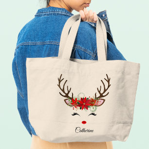 Bolsa Tote Grande Nome Personalizado da Reindeer de Natal Floral