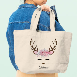 Bolsa Tote Grande Nome Personalizado da Reindeer de Natal Floral