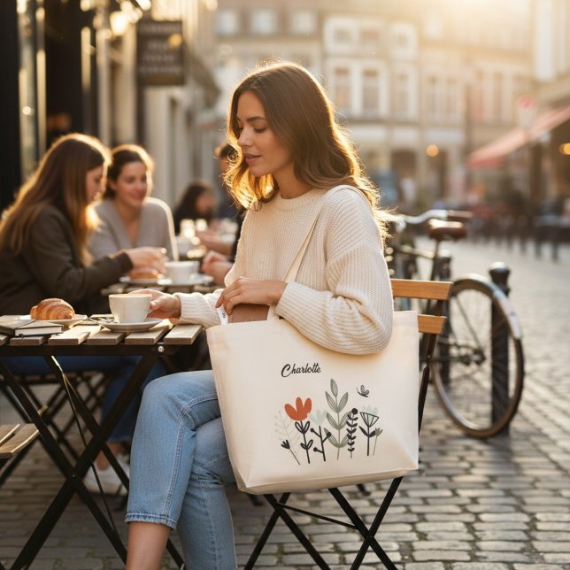 Bolsa Tote Grande Nome Personalizado Floral Moderno (Criador carregado)