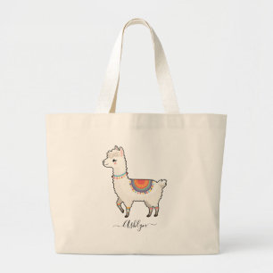 Bolsa Tote Grande Nome Personalizado Llama Cute Rainbow