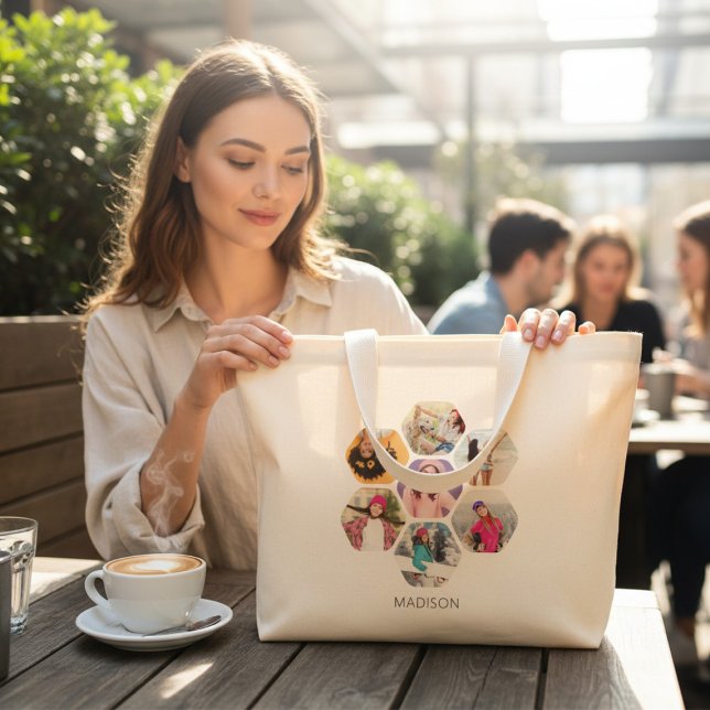 Bolsa Tote Grande Nome Personalizado Moderno da Colagem de Fotografi (Criador carregado)
