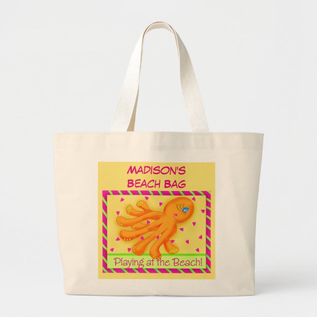 Bolsa Tote Grande Nome personalizado Octopus Yellow Orange Beach Bol (Frente)