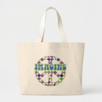 Bolsa Tote Grande O azul retro imagina o sinal de paz