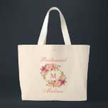 Bolsa Tote Grande O rosa floral cora dama de honra Dourado do<br><div class="desc">O rosa da aguarela cora sacola Dourado floral da dama de honra do monograma do círculo - grande</div>