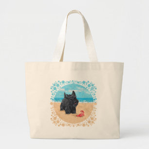 Bolsa Tote Grande O Scottie pequeno encontra um caranguejo na praia