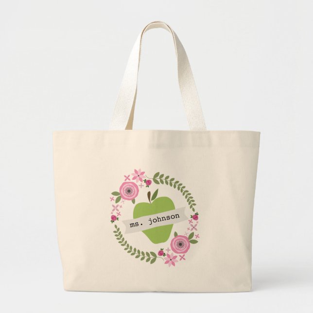 Bolsa Tote Grande O verde floral Apple da grinalda personalizou o (Frente)