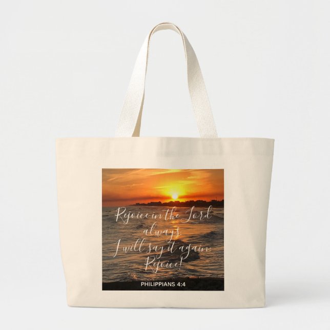 Bolsa Tote Grande Ocean Sunset, com Escritura Versa Philippians 4:4 (Frente)