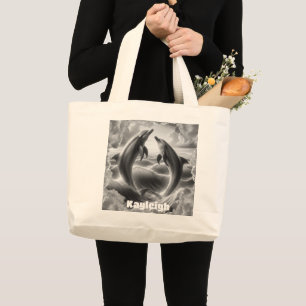 Bolsa Tote Grande Oceano de golfinhos preto e branco monograma  