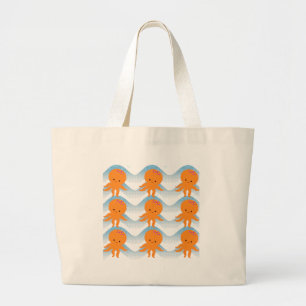 Bolsa Tote Grande Octopus Laranja E Padrão De Ondas Azuis
