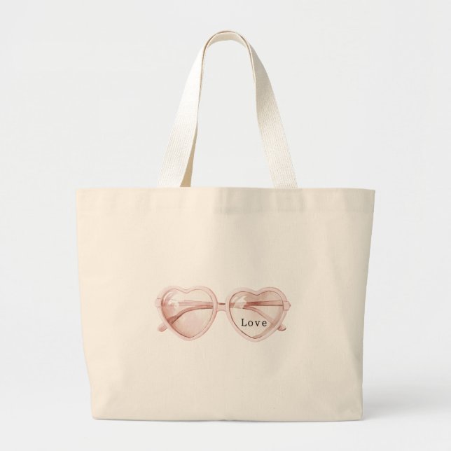 Bolsa Tote Grande Óculos de Amor Coração Rosa (Frente)