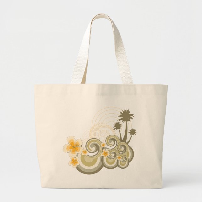 Bolsa Tote Grande Ondas Tropicais Amarelo Hibiscus Palm Trees Beach (Frente)