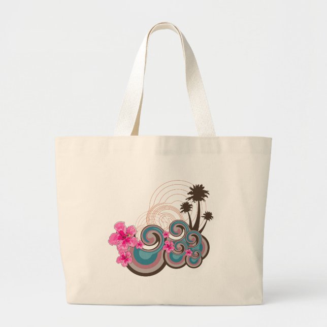 Bolsa Tote Grande Ondas Tropicais Rosa Quente Hibiscus Beach Palm Tr (Frente)