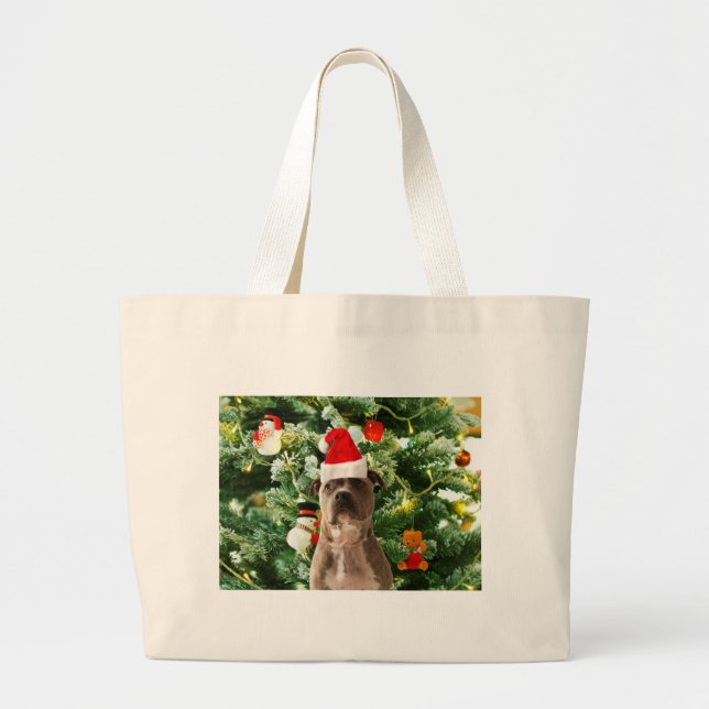 Bolsa Tote Grande Ornamento de Árvores de Natal do Cão Pitbull Snowm (Frente)