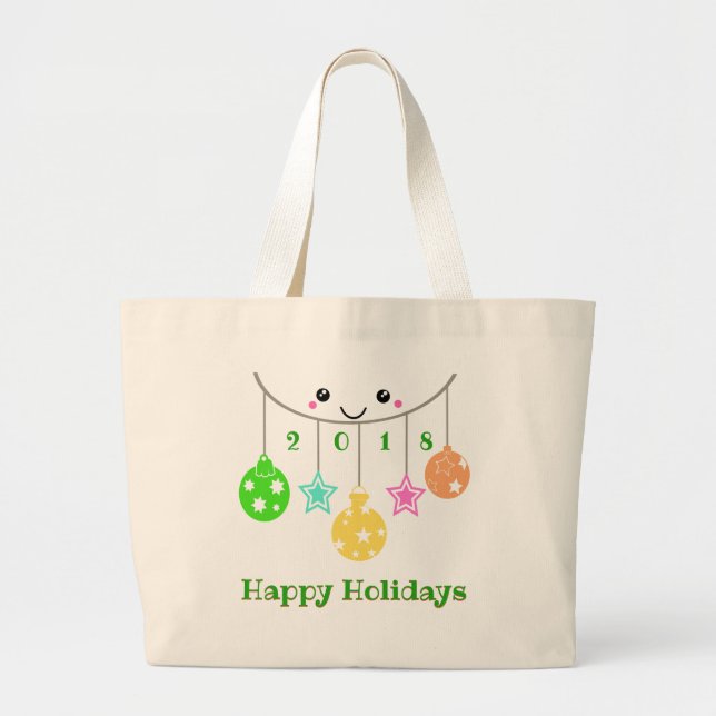 Bolsa Tote Grande Ornamentos de Rosto Feliz datados (Frente)