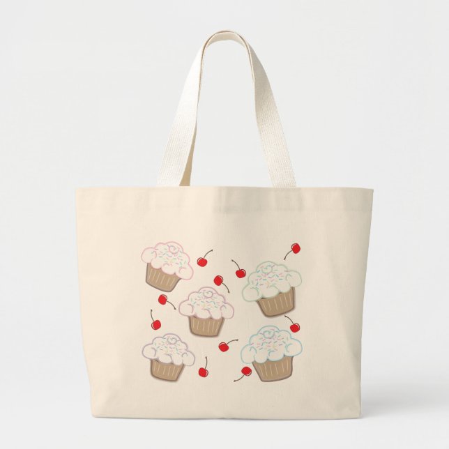 Bolsa Tote Grande Os cupcakes com Pastel polvilham & cerejas (Frente)