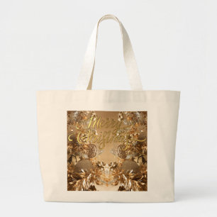 Bolsa Tote Grande Ouro elegante flocos de neve Feliz Natal