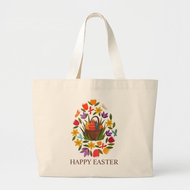 Bolsa Tote Grande Ovos de Páscoa Flores de primavera Grande Saco de  (Frente)
