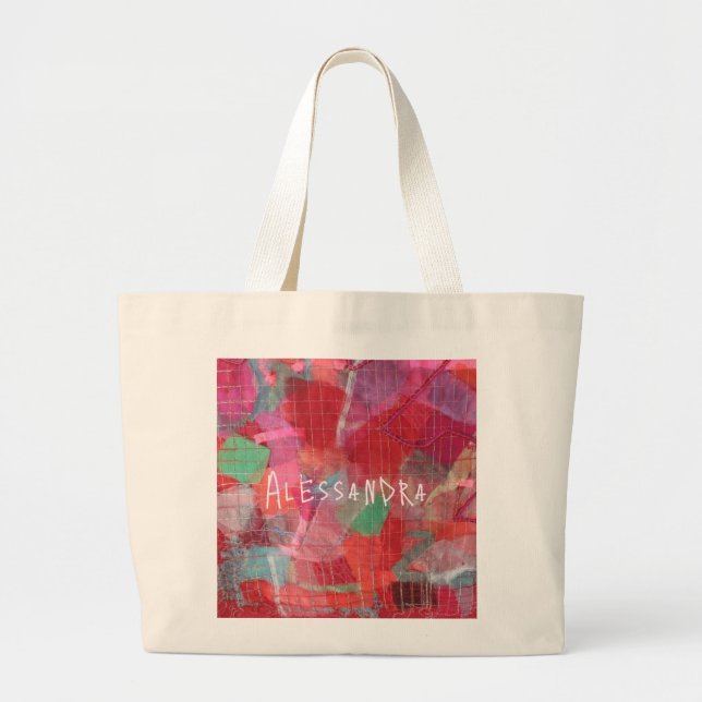 Bolsa Tote Grande Padrão de cinza rosa abstrato vermelho monograma (Frente)