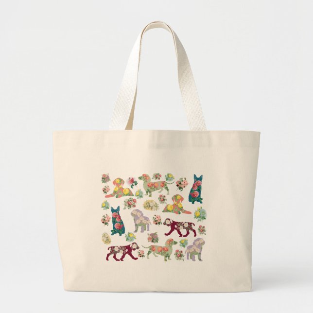 Bolsa Tote Grande Padrão de Flores e Cachorros de Aquarela (Frente)