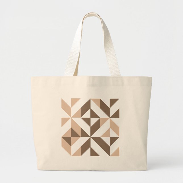 Bolsa Tote Grande Padrão Geométrico do Cubo Castanho Beige (Frente)