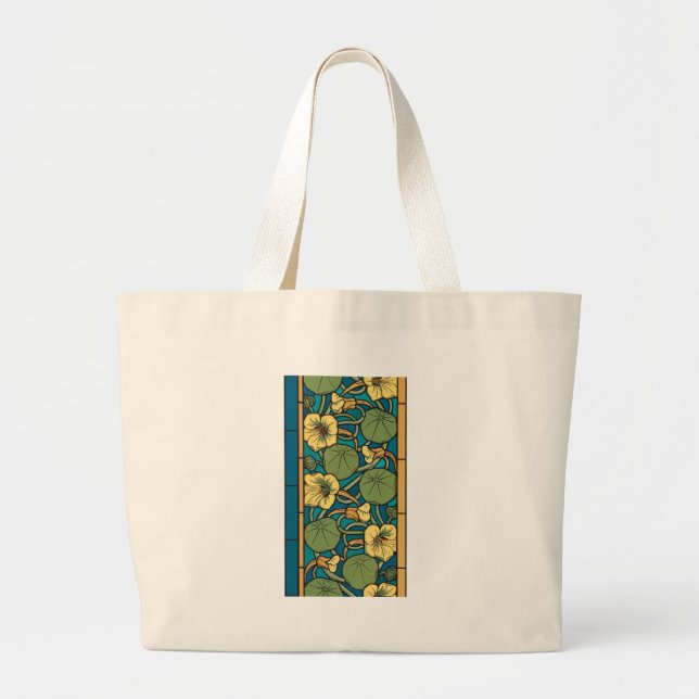 Bolsa Tote Grande Padrão Nouveau da Flor Nasturtium Amarelo Azul (Frente)