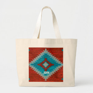 Bolsa Tote Grande Padrão Tribal Sudoeste Azteca Turquesa Vermelha