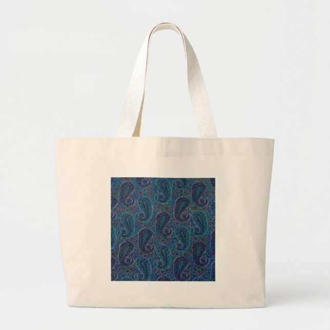 Bolsa Tote Grande Paisley Blue Indian Boho Art Pattern (Frente)