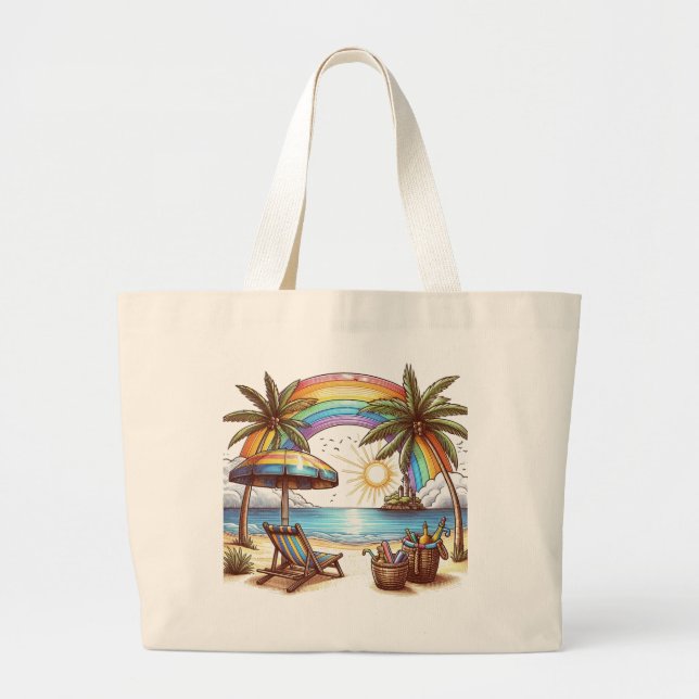 Bolsa Tote Grande Palm Beach tree com arco-íris e sol (Frente)