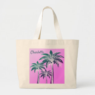 Bolsa Tote Grande Palm Tree Pink Bold Preppy Beach Summer Name