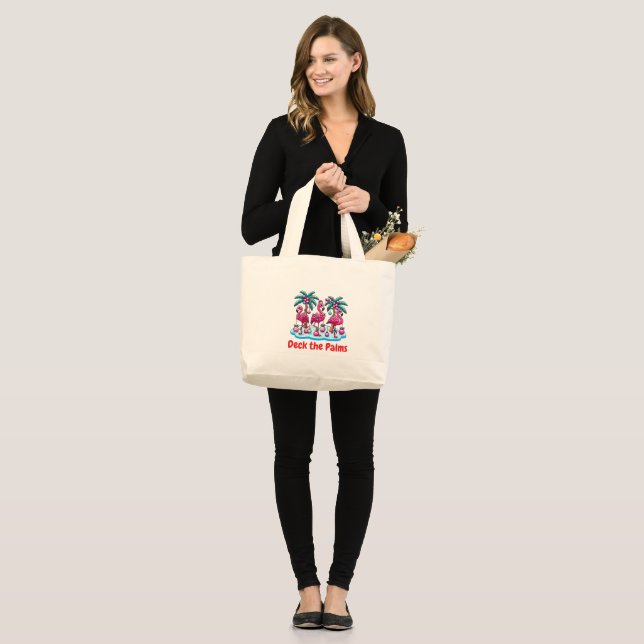 Bolsa Tote Grande Palmas com Flamingos Festivos (Frente (modelo))